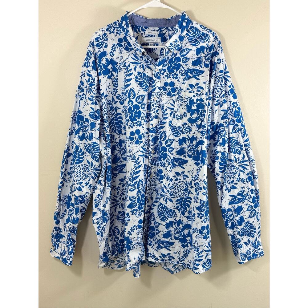 Hawaiian Tropical Floral Button Up Shirt Blue Beach 3XLT